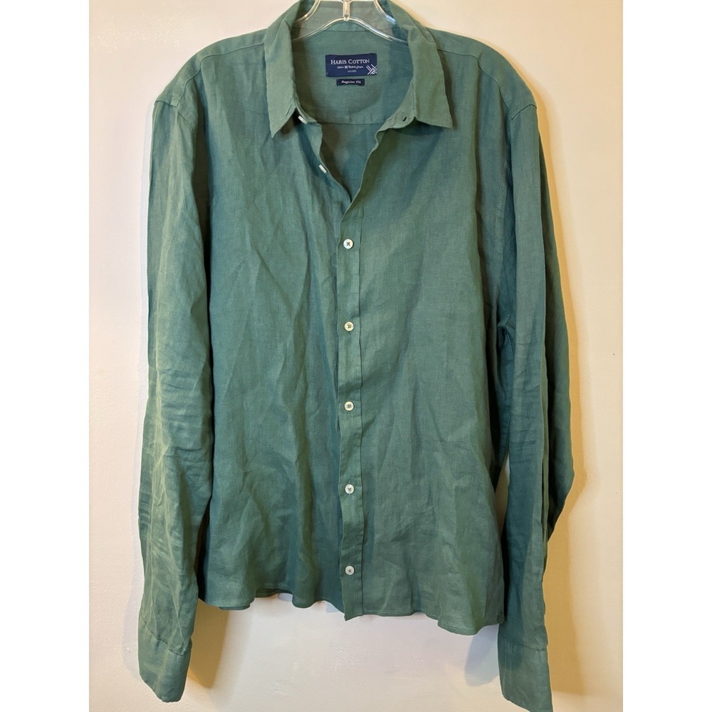HARIS COTTON Men's Pine Green Long Sleeve Linen Shirt L Beach Preppy